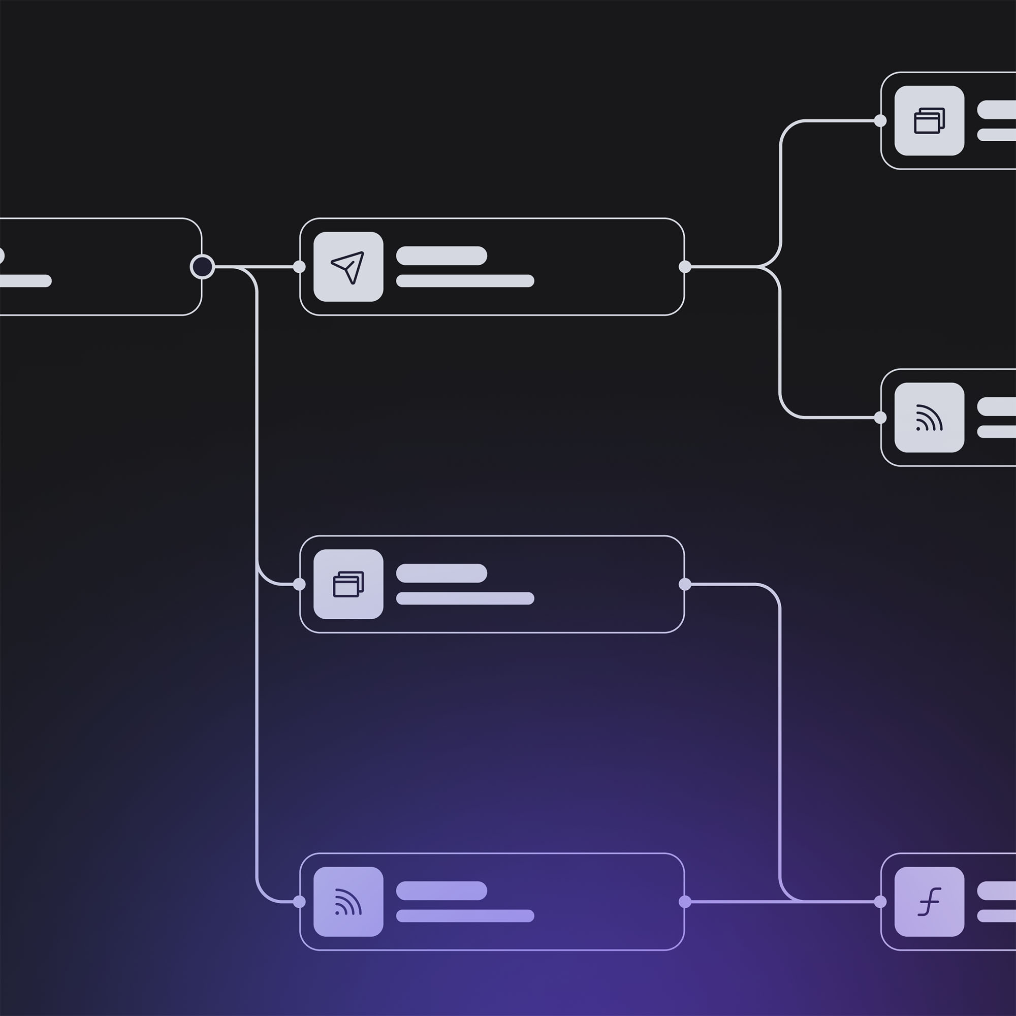 Cyfrowy rysunek przedstawiający część diagramu przepływu pracy, który składa się z połączonych ze sobą węzłów.