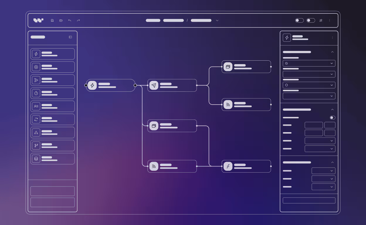 Fragment Logic Forms UI przedstawiający pasek boczny z funkcjami i funkcjonalnościami, górny pasek nawigacyjny, logotyp oraz część diagramu przepływu pracy zbudowanego na płótnie.
