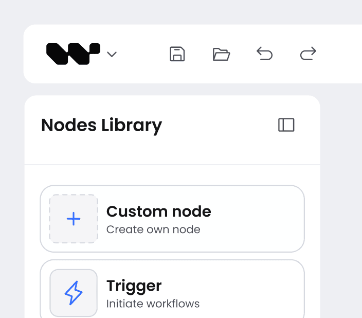 UI pokazujący bibliotekę Nodes z opcjami węzła niestandardowego i wyzwalacza oraz ikonami na górnym pasku narzędzi.