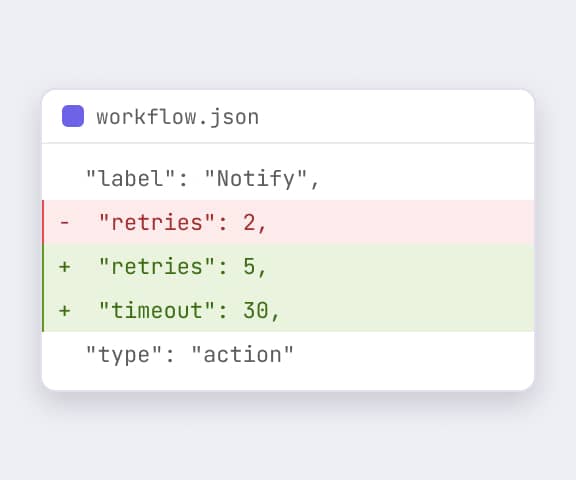 Fragment kodu przedstawiający zmiany w JSON: liczba ponownych prób zaktualizowana z 2 do 5 i limit czasu ustawiony na 30 w pliku przepływu pracy.json.